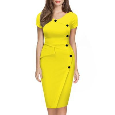Women Summer Short Sleeve Button Cotton Blend Empire Casual Stretch Bodycon Knee-Length Pencil Dress