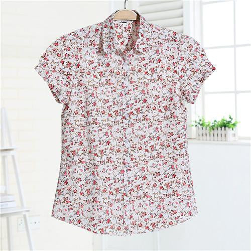 Women Blouses Short Sleeve Blouse Cotton Turn-down Shirt Women Tops Fashion Big Size