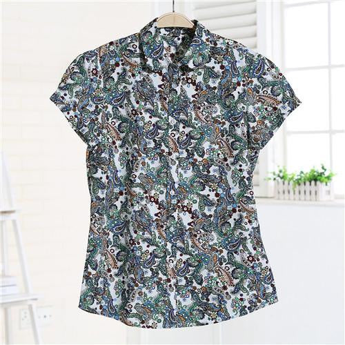 Women Blouses Short Sleeve Blouse Cotton Turn-down Shirt Women Tops Fashion Big Size
