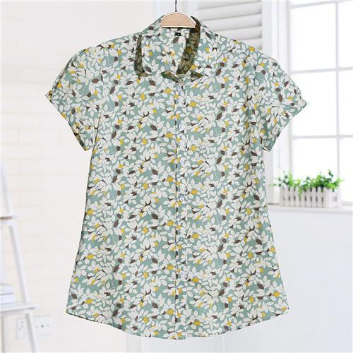 Women Blouses Short Sleeve Blouse Cotton Turn-down Shirt Women Tops Fashion Big Size