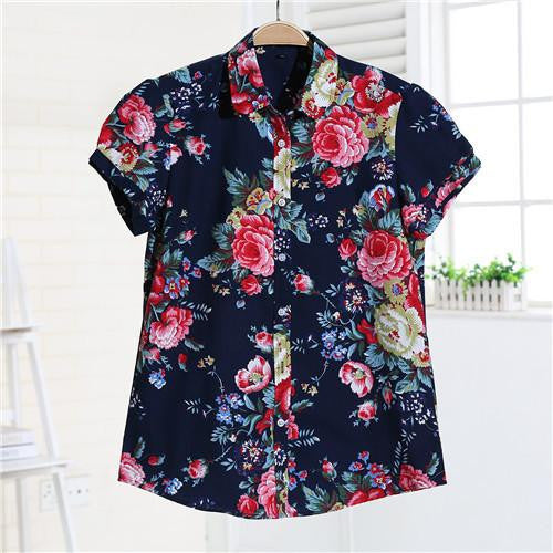 Women Blouses Short Sleeve Blouse Cotton Turn-down Shirt Women Tops Fashion Big Size