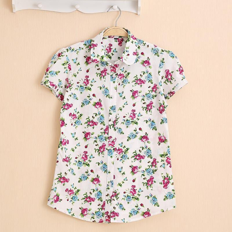 Women Blouses Short Sleeve Blouse Cotton Turn-down Shirt Women Tops Fashion Big Size