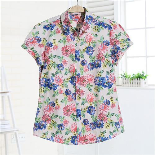 Women Blouses Short Sleeve Blouse Cotton Turn-down Shirt Women Tops Fashion Big Size