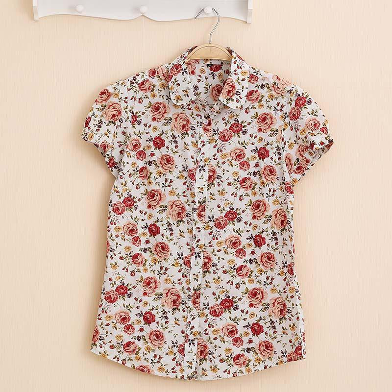 Women Blouses Short Sleeve Blouse Cotton Turn-down Shirt Women Tops Fashion Big Size
