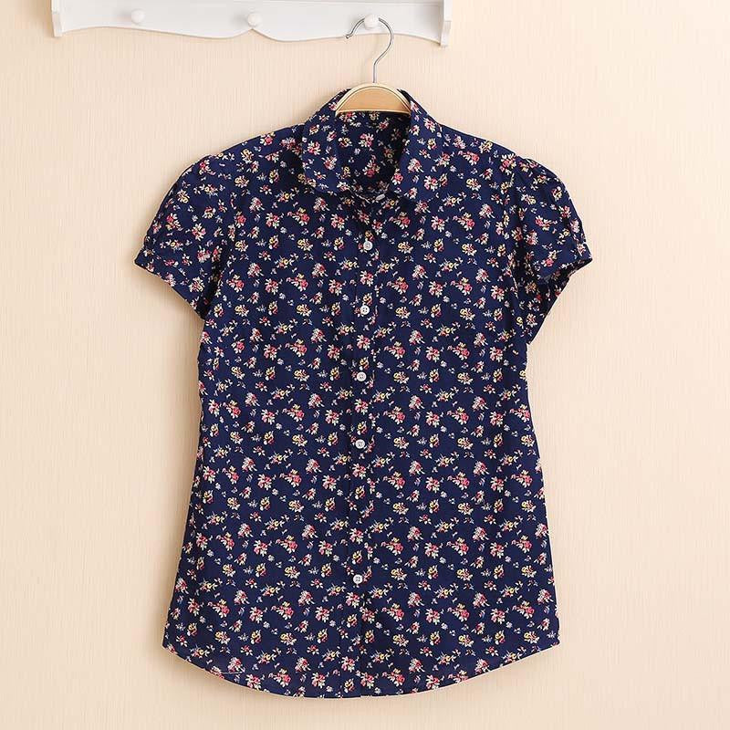Women Blouses Short Sleeve Blouse Cotton Turn-down Shirt Women Tops Fashion Big Size