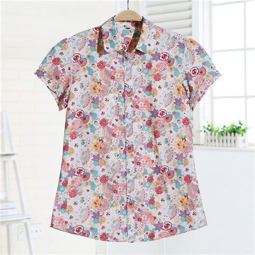 Women Blouses Short Sleeve Blouse Cotton Turn-down Shirt Women Tops Fashion Big Size