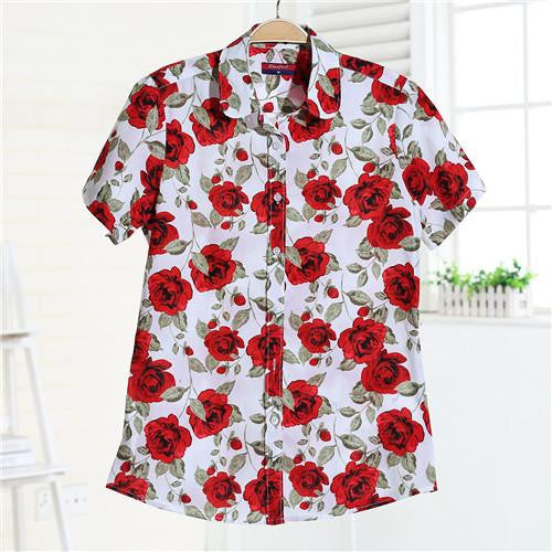 Women Blouses Short Sleeve Blouse Cotton Turn-down Shirt Women Tops Fashion Big Size