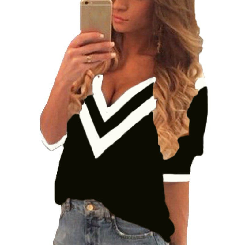 Tee Tops Women Deep V Neck Blouses Casual Loose 3/4 Sleeve Blouse Shirts Plus Size