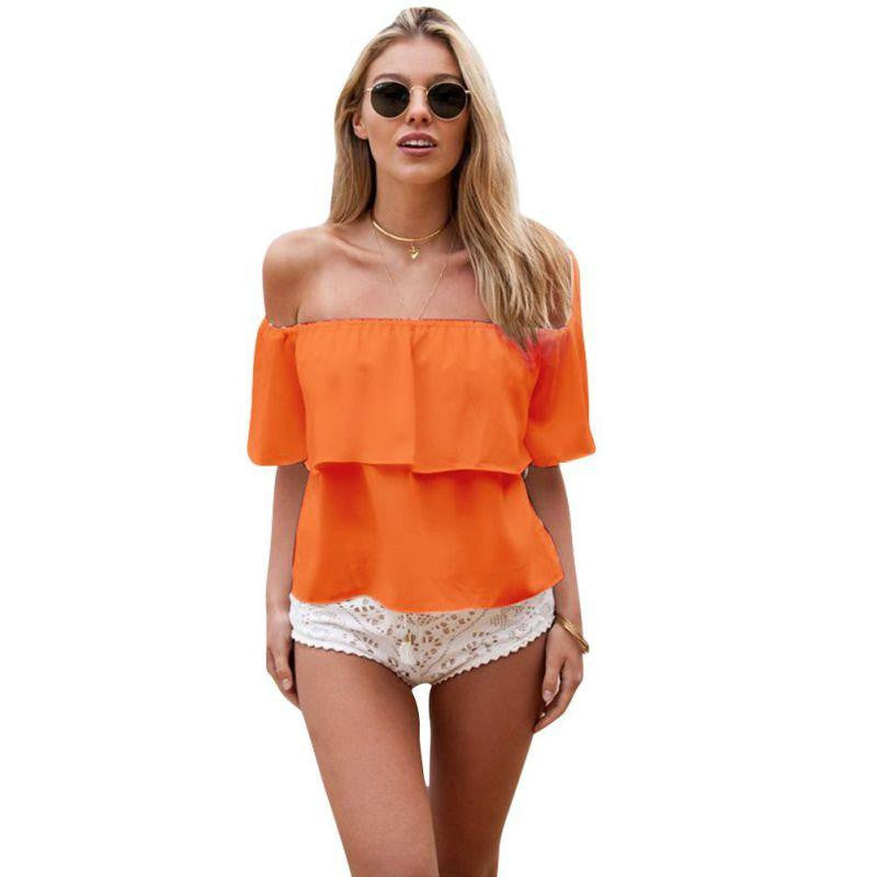 Women Girl Off Shoulder Chiffon Boat Neck Tops Casual Blouse Clothes