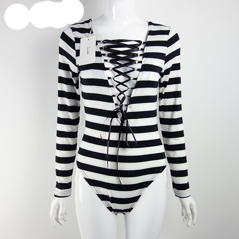 Simplee Apparel Sexy deep v neck lace up black jumpsuit romper Women elastic slim long sleeve tops Casual cami short bodysuit-Dollar Bargains Online Shopping Australia