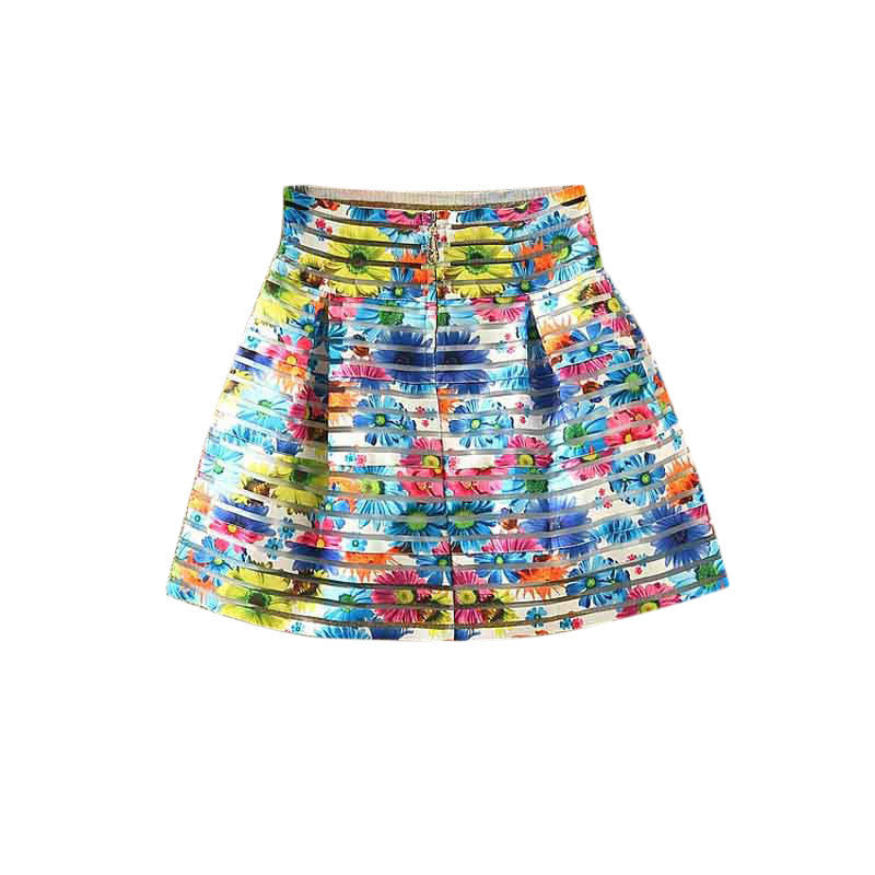 Online discount shop Australia - Fashion Women Flower Printed High Waisted Tutu Pleated Skirts Zipper Midi Elastic Skirt