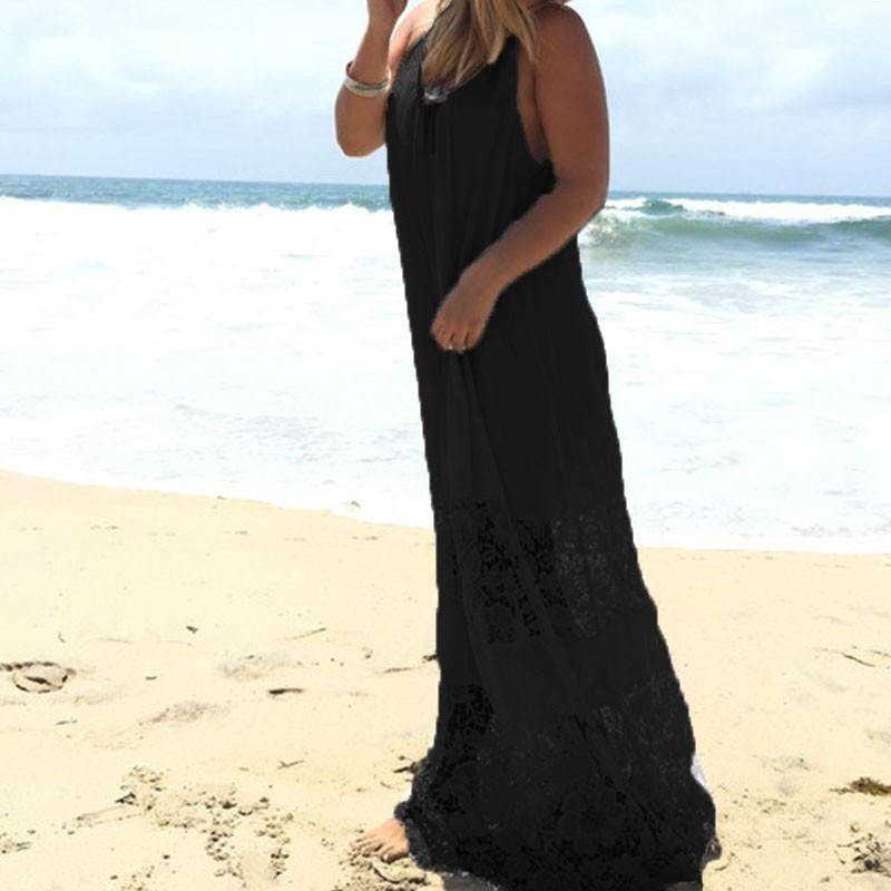 Sleeveless Summer Women Lace Patchwork Casual Loose Long Maxi Dress Strapless White Beachwear Plus Size