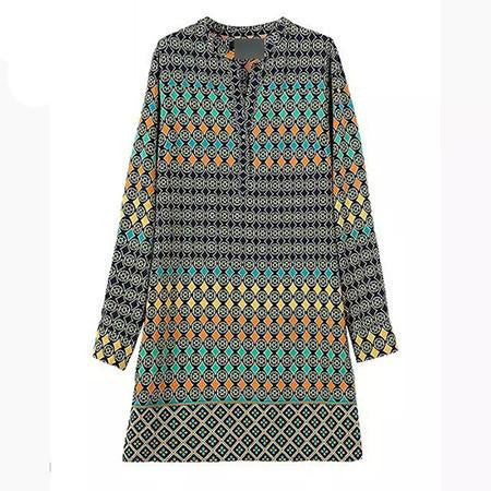 Summer Vintage Rrinted Dresses Casual Loose Women Dress Long Sleeve V-Neck Dresses Vestidos Feminino Plus Size BM-C2054