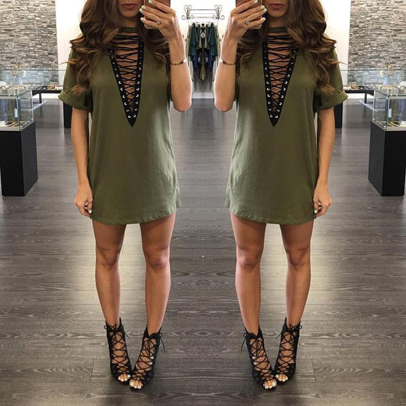 T Shirt Dress Women Deep V Neck Lace Up Bodycon Bandage Party Dresses Casual T-Shirt Dress Vestidos