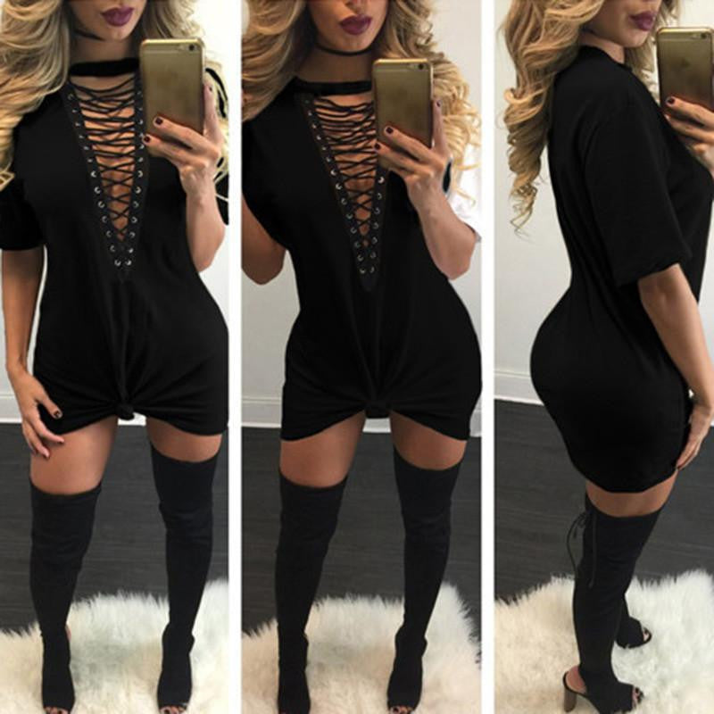 T Shirt Dress Women Deep V Neck Lace Up Bodycon Bandage Party Dresses Casual T-Shirt Dress Vestidos