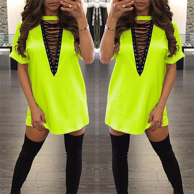 T Shirt Dress Women Deep V Neck Lace Up Bodycon Bandage Party Dresses Casual T-Shirt Dress Vestidos