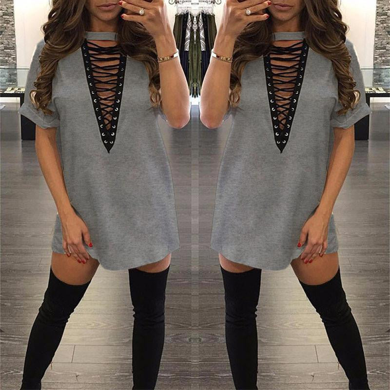 T Shirt Dress Women Deep V Neck Lace Up Bodycon Bandage Party Dresses Casual T-Shirt Dress Vestidos