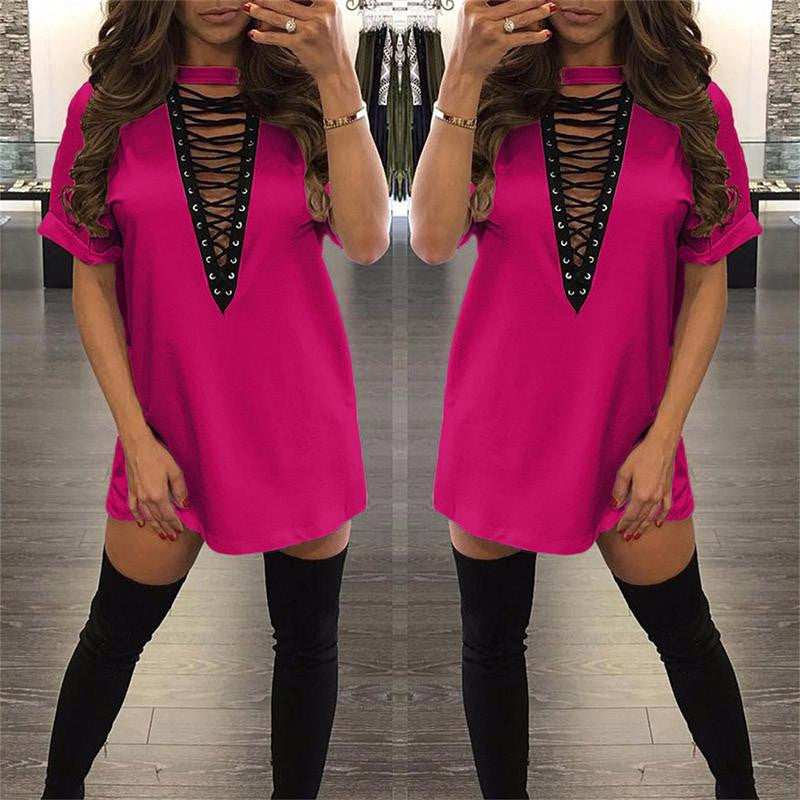 T Shirt Dress Women Deep V Neck Lace Up Bodycon Bandage Party Dresses Casual T-Shirt Dress Vestidos