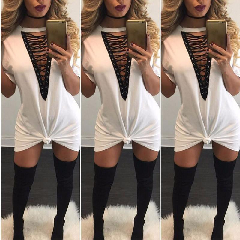 T Shirt Dress Women Deep V Neck Lace Up Bodycon Bandage Party Dresses Casual T-Shirt Dress Vestidos