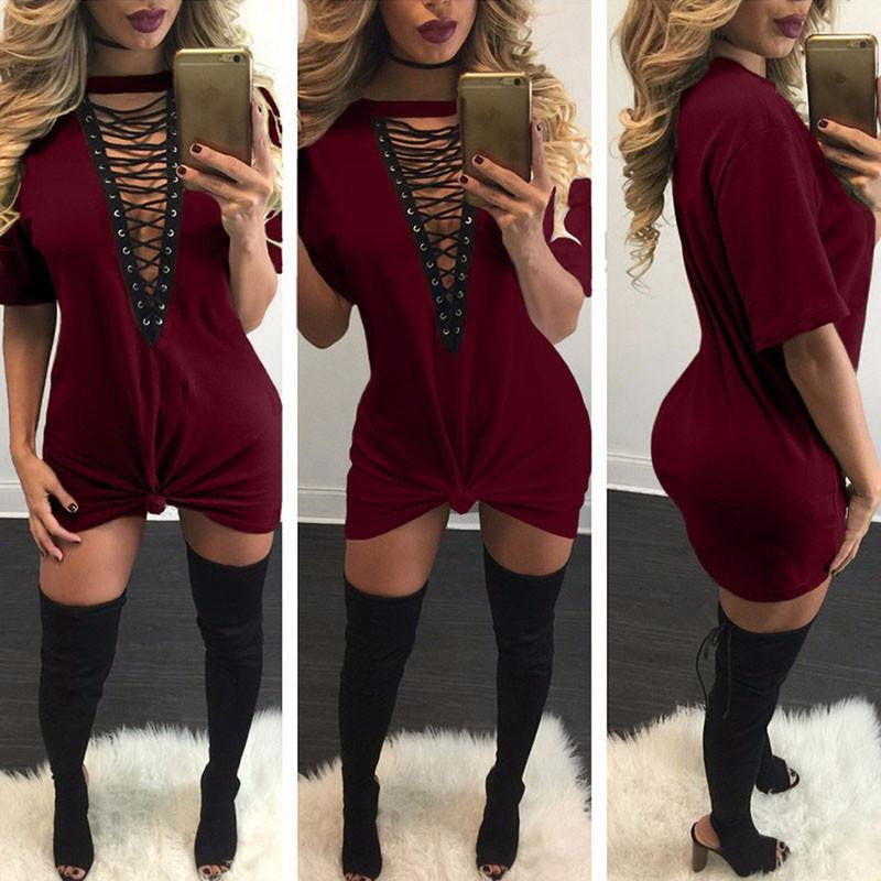 T Shirt Dress Women Deep V Neck Lace Up Bodycon Bandage Party Dresses Casual T-Shirt Dress Vestidos