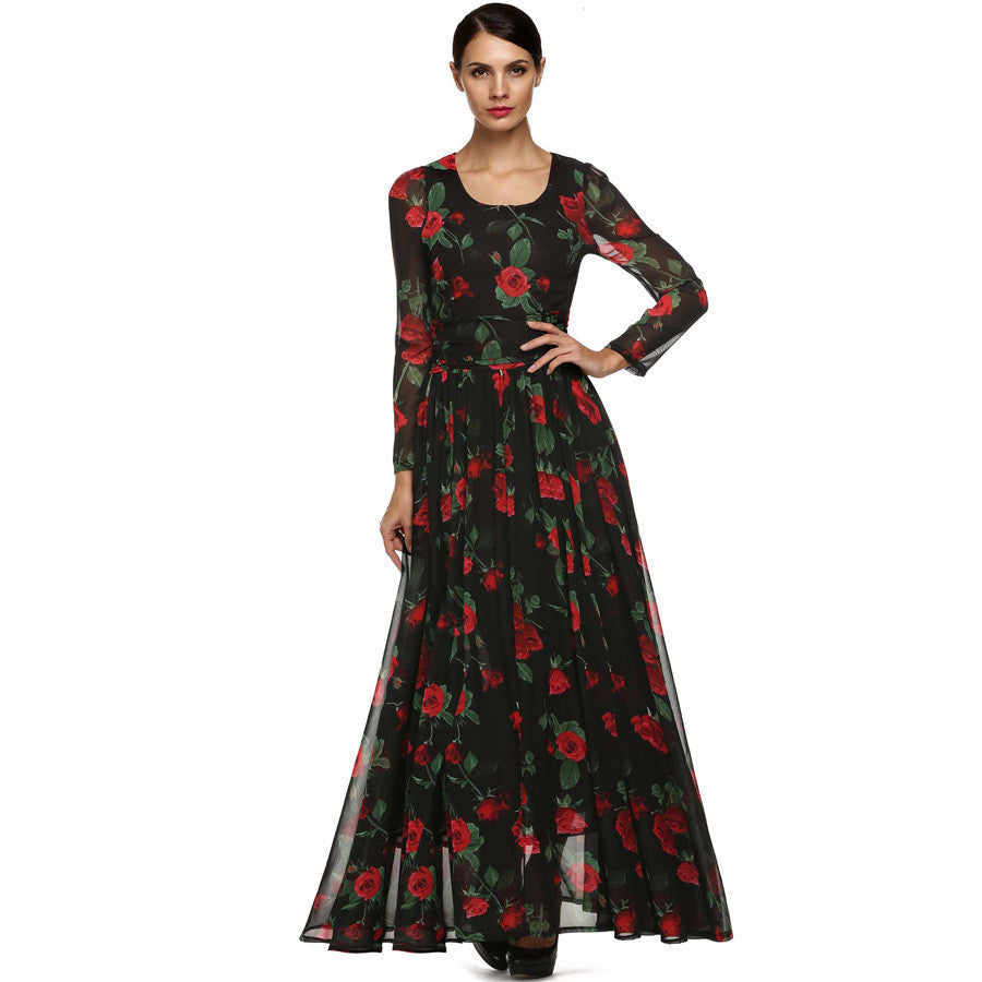 Online discount shop Australia - Dress Fashion Women Ladies Tunic Maxi Long Chiffon Dress Long Sleeve Floral Rose Dress Plus Size