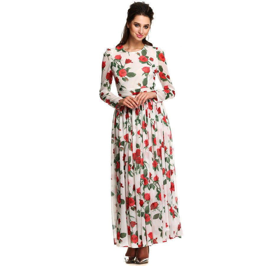 Online discount shop Australia - Dress Fashion Women Ladies Tunic Maxi Long Chiffon Dress Long Sleeve Floral Rose Dress Plus Size