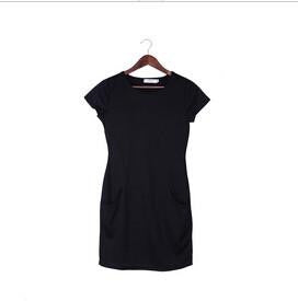 solid o-neck two side pocket black dresses women fall fashion mini dress casual broadcloth short-sleeve feminina vestido