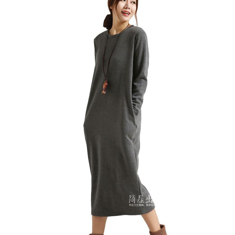 Winter Dress Women Dress Plus Size Velvet Thickening Thermal Basic Dress Long Sleeve Solid Warm Dress S59