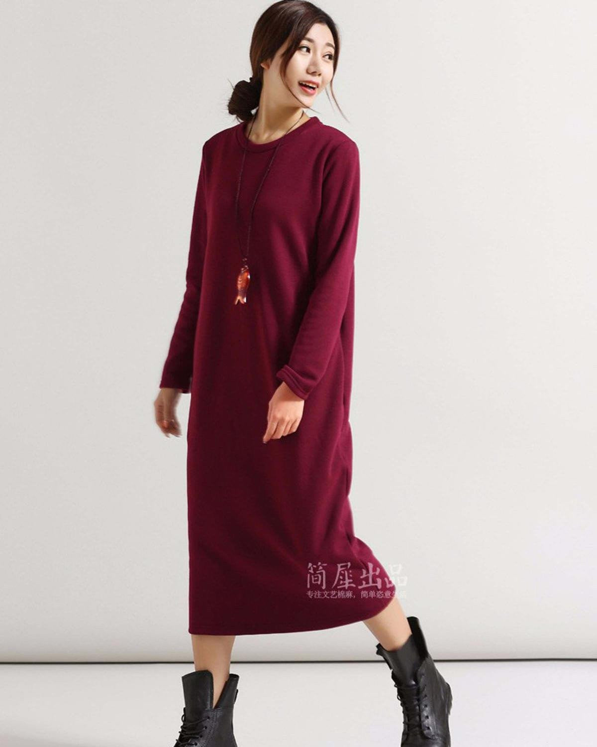Winter Dress Women Dress Plus Size Velvet Thickening Thermal Basic Dress Long Sleeve Solid Warm Dress S59
