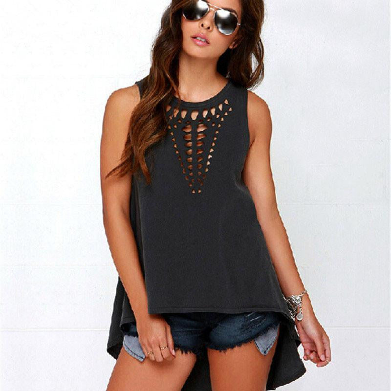 Casual Retro Hollow Women Shirts Top Sleeveless Plus Size Irregular Hem Loose Blouse Vest S--3XL
