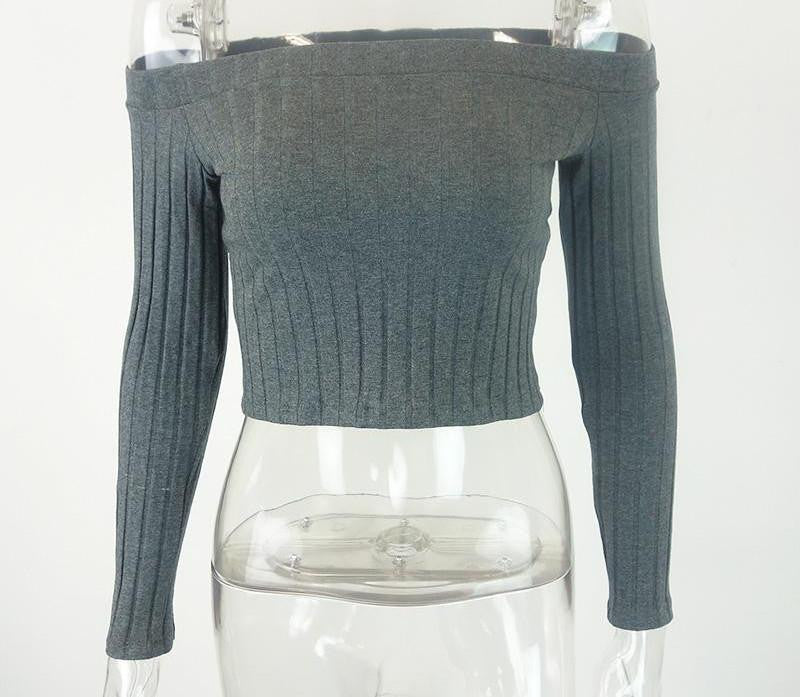 slash neck women tops Long sleeve european style Girl t shirt crop top black t-shirt top crop