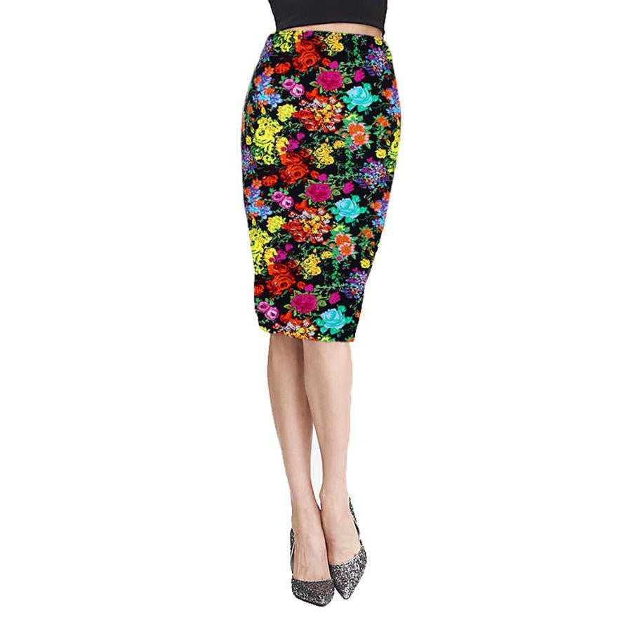Vintage Fashion Printed Pencil Skirt Midi Women Knee-Length Elastic High Waist Ladies Pattern Skirts