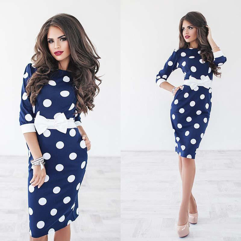 women autumn sexy sheath dot three quarter sleeve o-neck party wear knee-length women with sashes