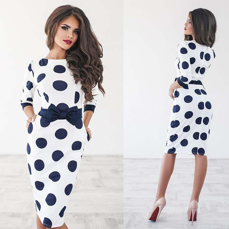 women autumn sexy sheath dot three quarter sleeve o-neck party wear knee-length women with sashes