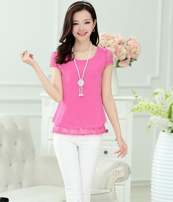 Women's Tops White Tees Crochet Lace Floral Shoulder Short Sleeve Loose Chiffon Blouses Female Shirts