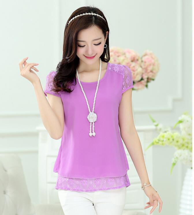 Women's Tops White Tees Crochet Lace Floral Shoulder Short Sleeve Loose Chiffon Blouses Female Shirts