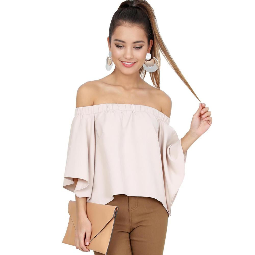 Online discount shop Australia - Fore Fair new sexy off shoulder blouse shirt flare sleeve open back women blouses plus size ruffles slash neck tops