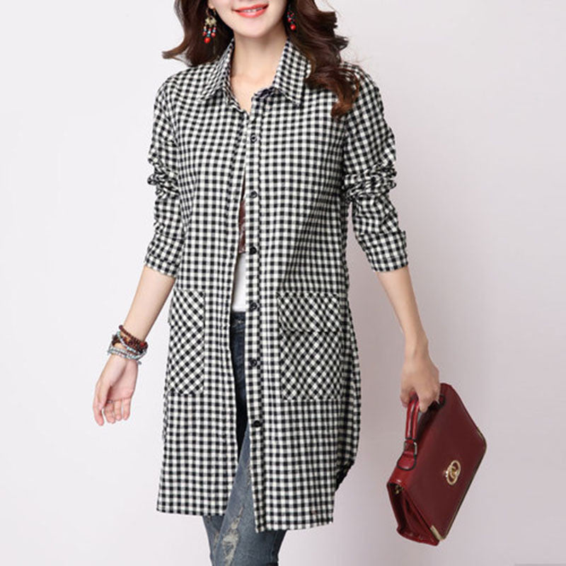 Online discount shop Australia - large size female literary plaid long-sleeved shirt and long shirt wide Shirts Women Casual Cotton Linen Shirt Tops