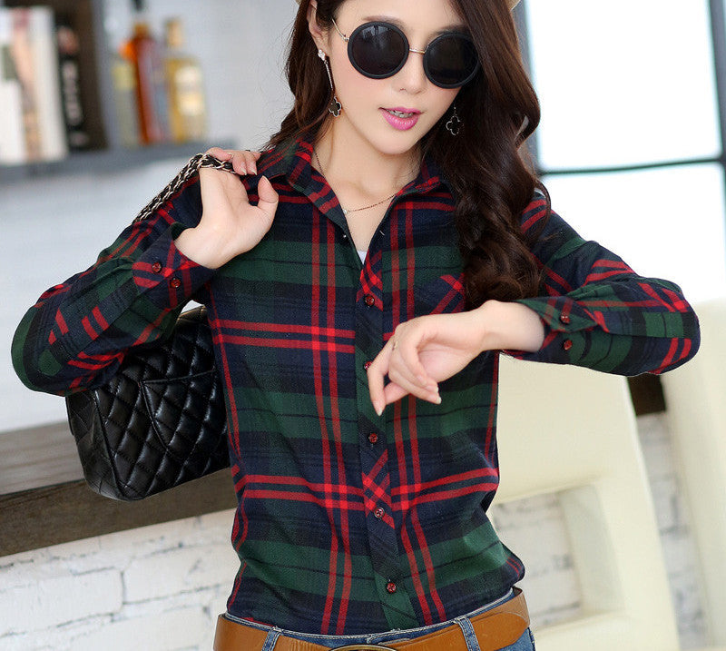 Fashion 16 colors girl's plaid flannel casual shirt female long sleeve plaid shirt ladies plus size women's Tops