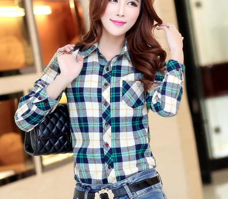 Fashion 16 colors girl's plaid flannel casual shirt female long sleeve plaid shirt ladies plus size women's Tops