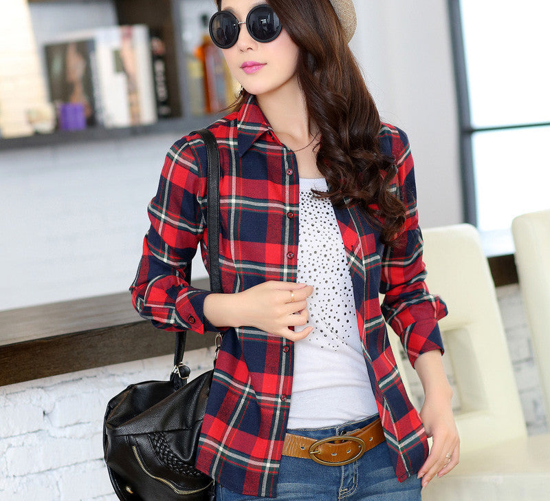 Fashion 16 colors girl's plaid flannel casual shirt female long sleeve plaid shirt ladies plus size women's Tops