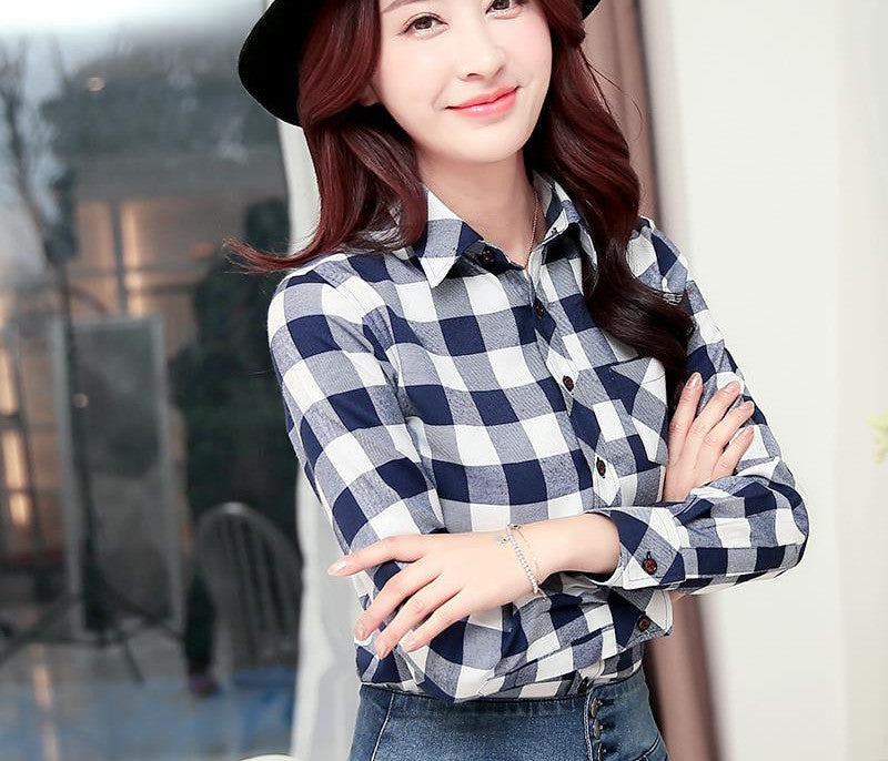 Fashion 16 colors girl's plaid flannel casual shirt female long sleeve plaid shirt ladies plus size women's Tops