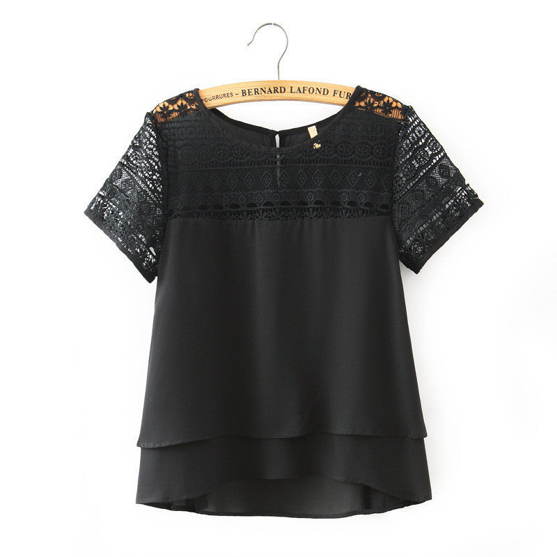 Online discount shop Australia - Fashion Short Sleeve Women Chiffon Blouses O-neck Plus Size Loose Lace Blouse Shirts Casual Tops