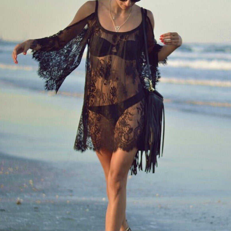 Womens Beach sunscreen Casual clothing beautiful Lace Strapless Lace hollow sexy dress Beach Wear Lace Dress