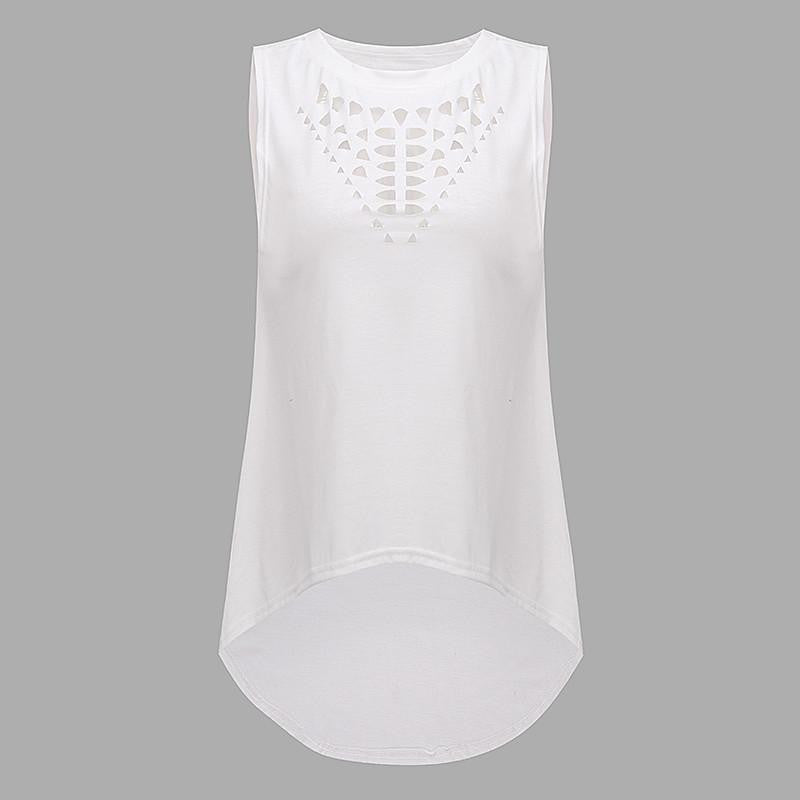 Style Women Sleeveless Hollow Out Blouses Casual Vest Loose Blouse O Neck Tank Tops Plus Size