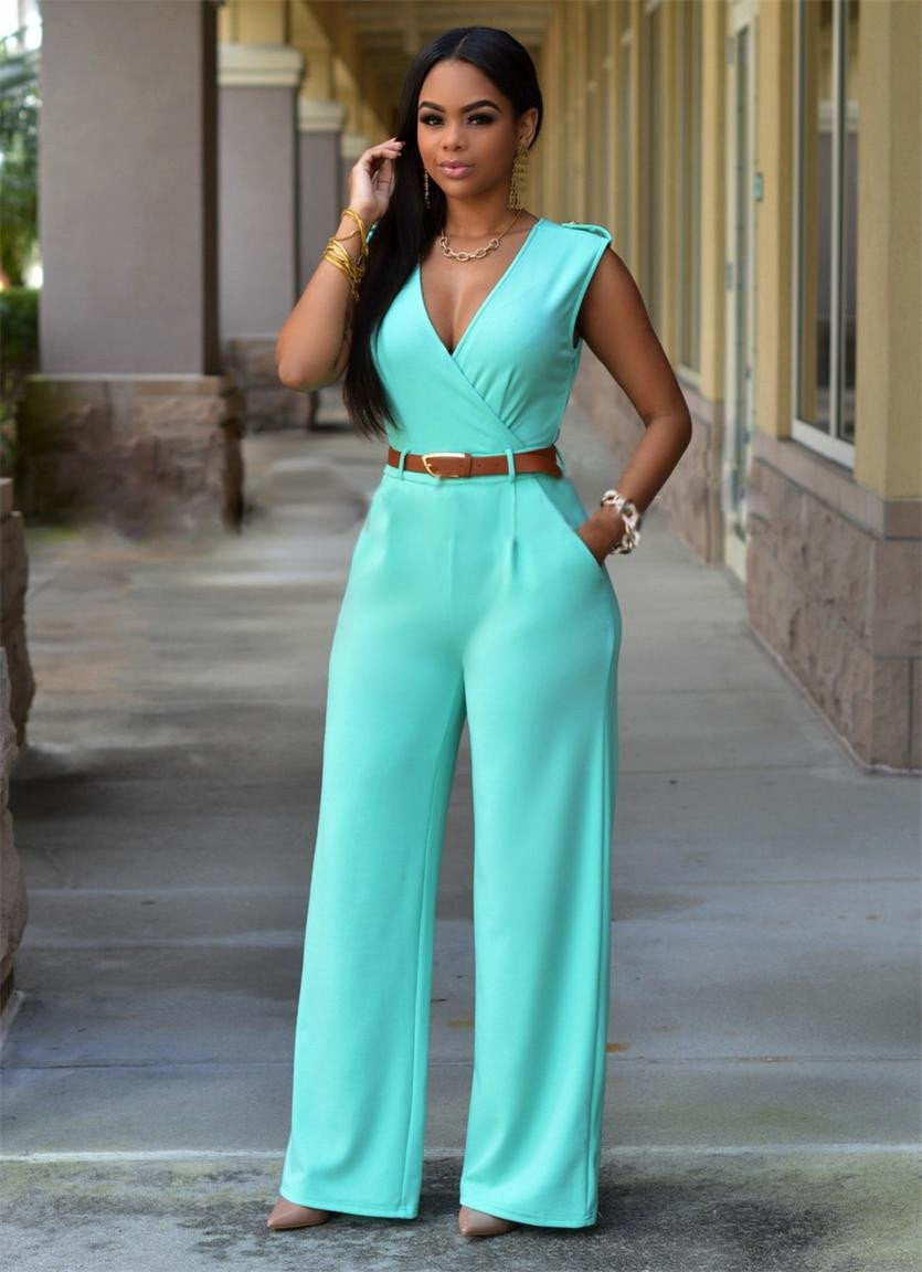 Women Jumpsuits Lady Loose Slim Overalls Party Womens Sleeveless Night Club Rompers With Belt