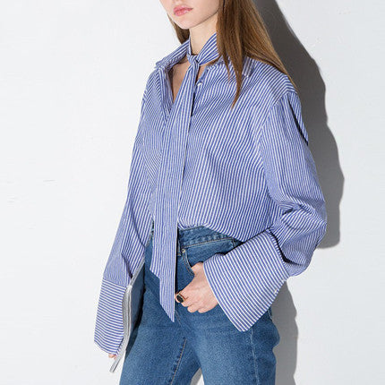 Online discount shop Australia - Fashion Women Striped Preppy Style Bow Button Blouses Flare Sleeve Casual Cute Loose Shirts Tops