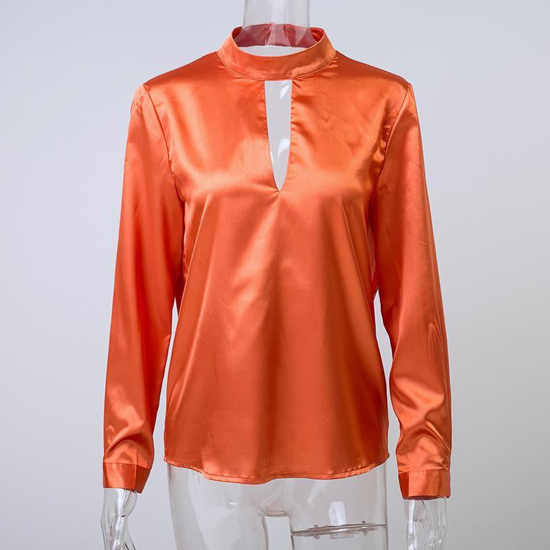 Satin Ruffles Women Blouse Hollow Out Back O Neck Long Sleeve Party Evening Ladies Tops Shirts