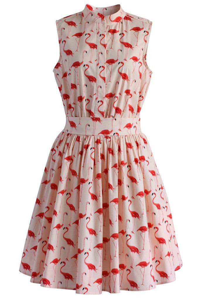 Vestods Summer Style Women Dress Flamingo Fun Flare Prints Casual High Waist Cute A Line Mini Dress