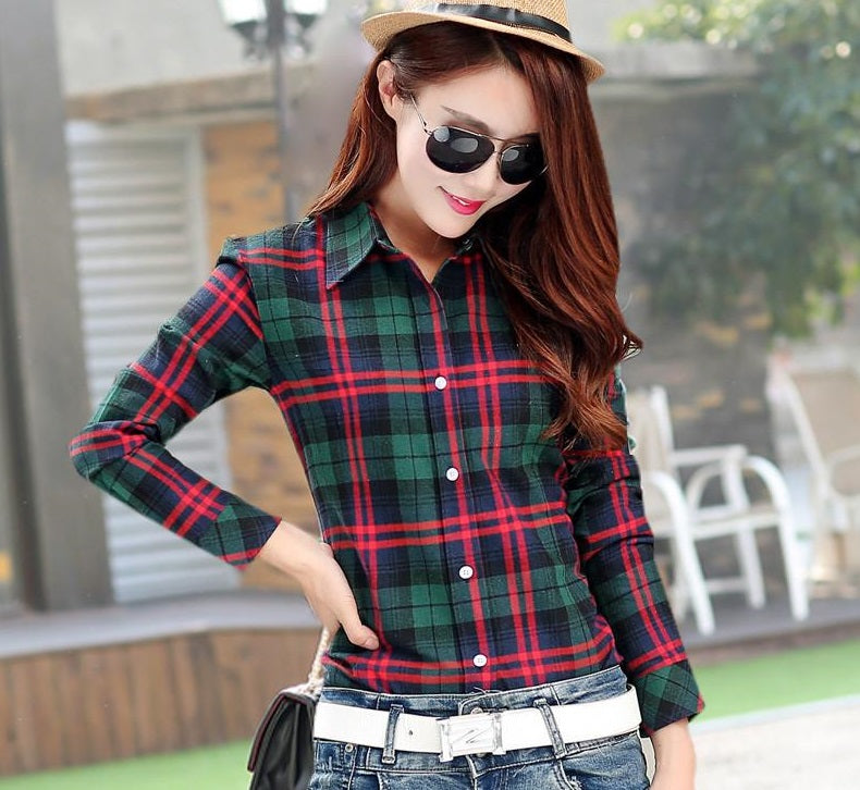 Fashion Casual Lapel Plus Size Blouses women plaid shirt Checks Flannel Shirts Female Long Sleeve Tops Blouse